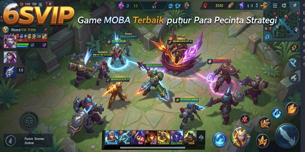 Screenshot 6SVIP menunjukkan aksi pertarungan seru antara dua tim dalam game MOBA.