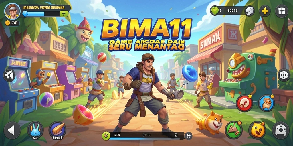 Screenshot utama BIMA11 menunjukkan karakter dalam aksi arcade yang dinamis.