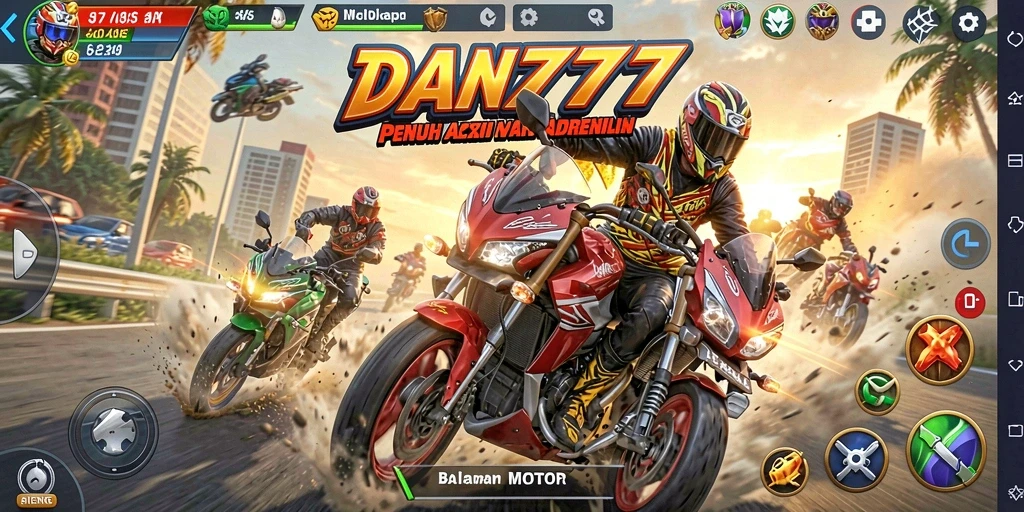 Tangkapan layar gameplay <strong>DAN777</strong> dengan aksi balapan motor yang mendebarkan.