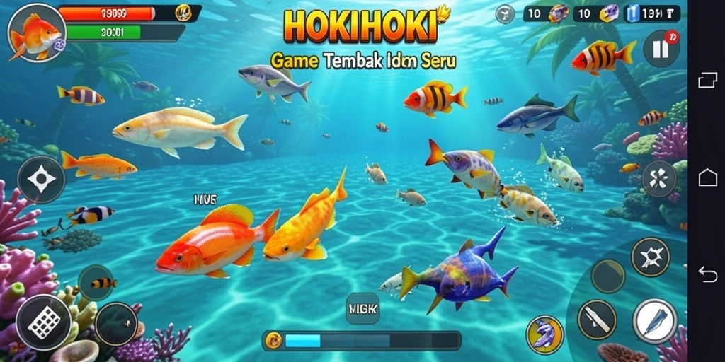 Screenshot gameplay HOKIHOKI menampilkan aksi menembak ikan yang seru.