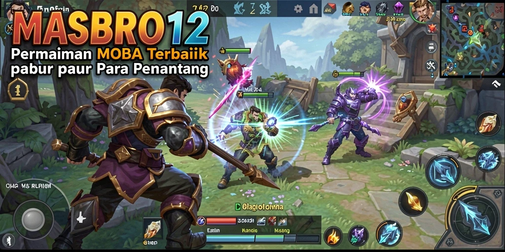 Screenshot gameplay MASBRO12 menampilkan aksi pertarungan MOBA yang intens.