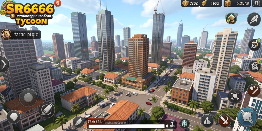 Screenshot gameplay SR6666 yang menunjukkan pembangunan kota Tycoon.